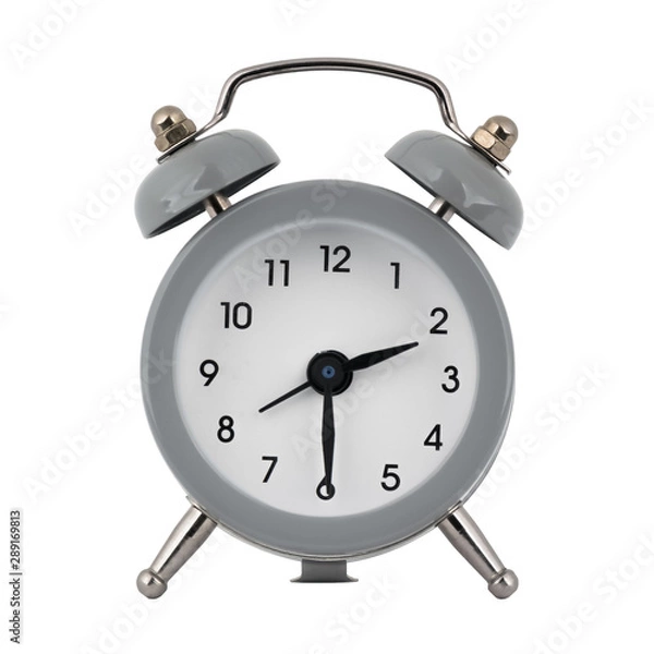 Fototapeta The gray clock with an alarm clock on a white background with arrows shows the time two hours thirty minutes or fourteen hours thirty minutes
