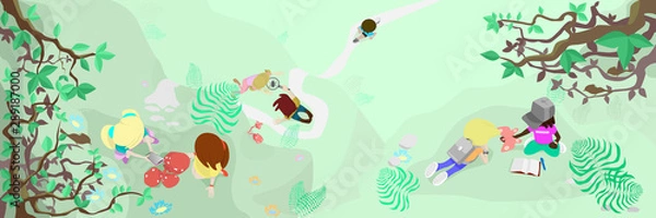 Fototapeta Panoramic vector landscape.Children interacting with the environment.The theme is the study of the surrounding world by children of elementary grades.Widescreen image of nature.Top view, flat style.