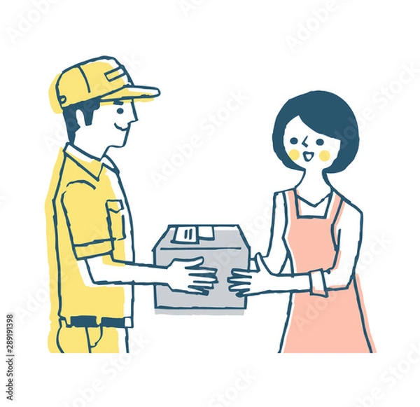 Fototapeta 宅配業者と荷物を受け取る女性　ピンク
