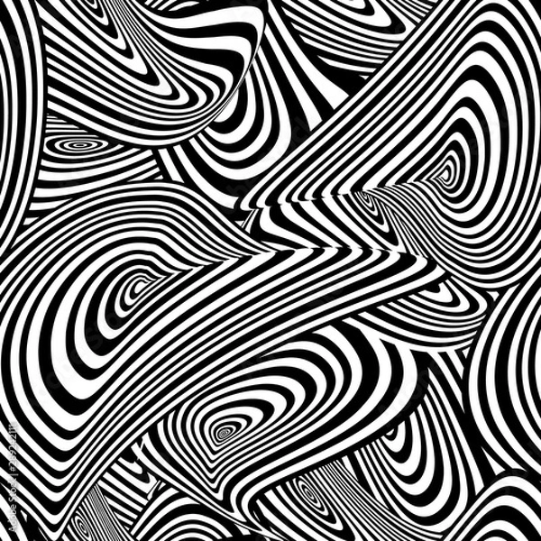 Fototapeta Vector Black and White Hypno Seamless Pattern, Geometric abstract Shapes, Curve Stripes.