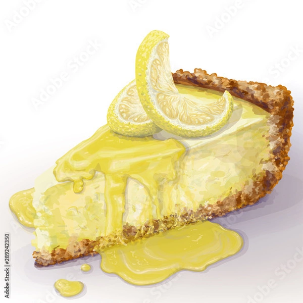 Fototapeta Vector piece of cheesecake with airy and tender, delicate creamy-curd cheese. Crisp and crumble cake with back, appetizing, realistic, homemade cakes with lemon, lemon wet jam. Healthy, home pastry