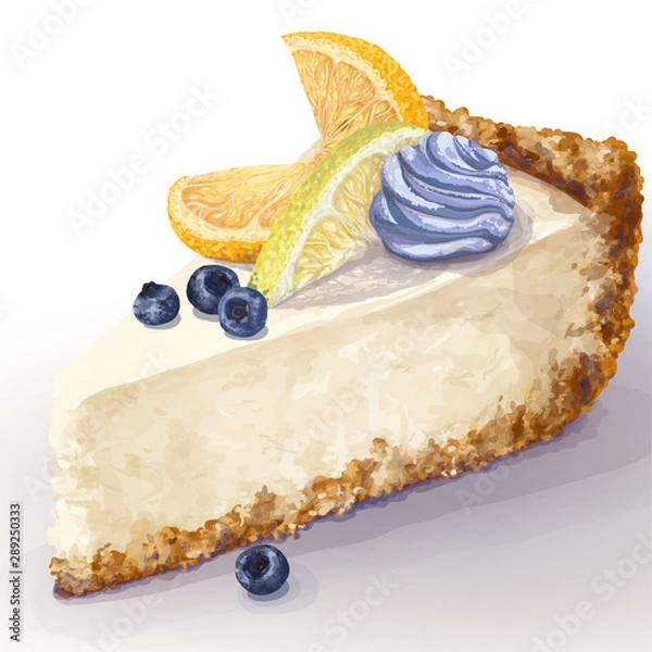 Fototapeta Vector piece of cheesecake with airy, tender, delicate creamy-curd cheese. Crisp, crumble cake with back, appetizing, realistic, homemade cottage cakes, orange, lemon, blueberry ice cream, blueberries