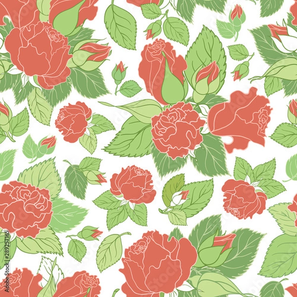 Fototapeta Terracotta roses vector seamless pattern background with vintage look flowers and green leaves is perfect for floral bedding, home decor, textile, scrapbooking and garden projects