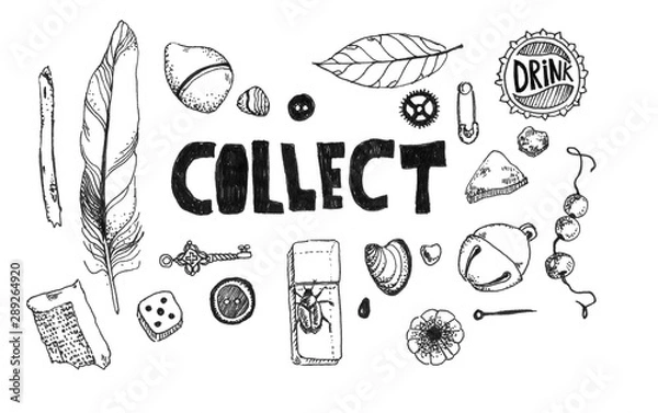 Fototapeta Set of black and white children items collection. The picture is painted with a black artist pen.