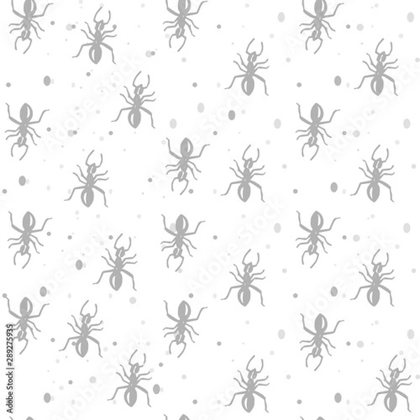 Fototapeta vector hand-drawn gray ants on a light white background, seamless pattern with bread crumbs and sand.