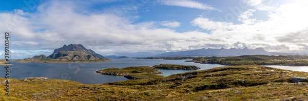 Fototapeta panoramic view, scenery on island Heroy with mountain range seven sisters (syv søstre), Norway,Nordland