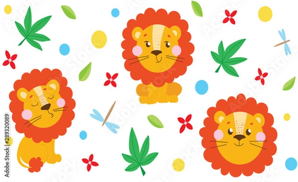 Fototapeta Cute colorful lion pattern with leaves and dragonflies
