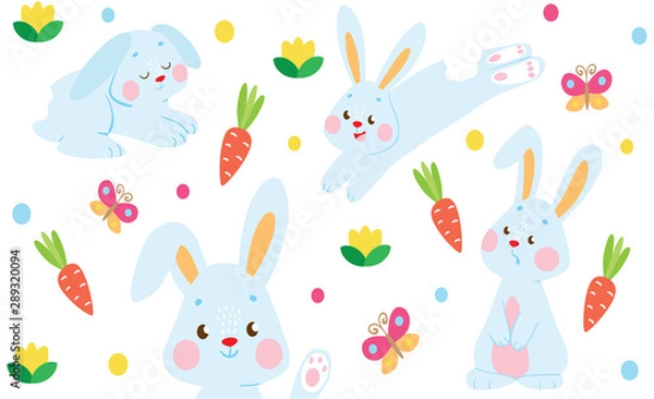 Fototapeta Cute baby blue bunnies pattern with carrots and butterflies.