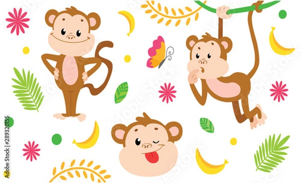 Fototapeta cute funny monkey jungle pattern with bananas, leaves and butterfly
