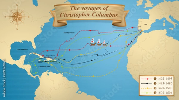 Obraz The voyages of Christopher Columbus. Map with the marked routes of the 4 trips of Columbus on a blue background adorned with a compass. Vector image