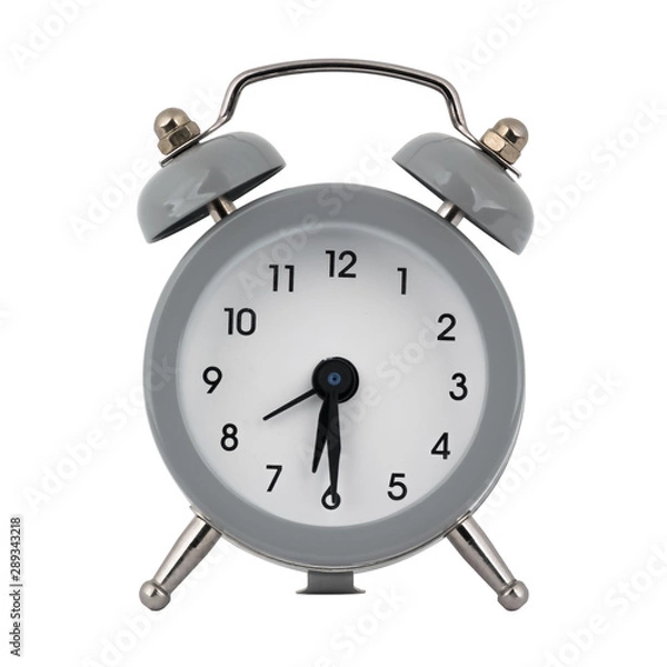 Fototapeta A gray clock with an alarm clock on a white background with arrows showing the time six hours thirty minutes or eighteen hours thirty minutes