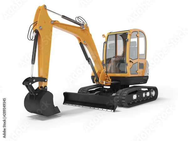 Fototapeta Orange mini excavator with hydraulic mechlopatoy on crawler rubber track with leveling bucket 3d render on white background with shadow