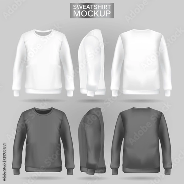 Fototapeta Blank men's white and gray sweatshirt in front, back and side views. Vector illustration. Realistic male clothes for sport and urban style