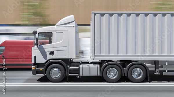 Fototapeta White Container Truck on the Road by a Red Delivery Van 3D Rendering