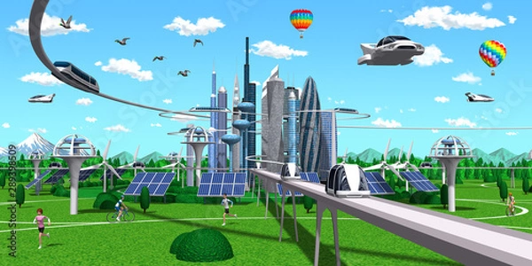 Obraz Smart city and monorail with 3D rendering