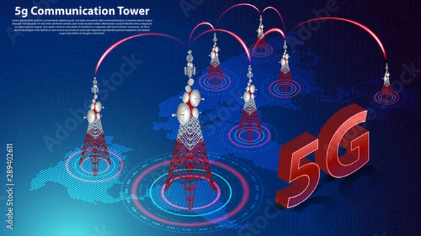 Obraz 5g Communication Tower Wireless Hispeed Internet with World map and circuit board is background. LTE aerial network connection, fastest internet in future