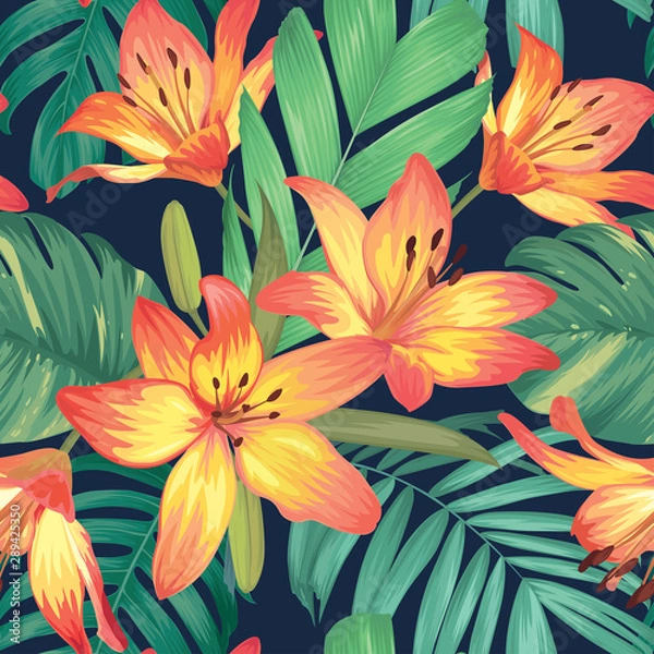 Fototapeta Seamless pattern with lily flowers and palm leaves background. Vector set of exotic tropical garden for holiday invitation, greeting card and textile fashion design.