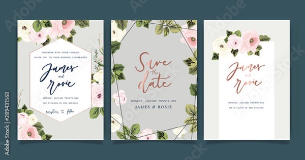 Fototapeta Luxury Wedding Invitation set,  invite thank you, rsvp modern card Design in Golden and pink rose with leaf greenery branches  decorative Vector elegant rustic template