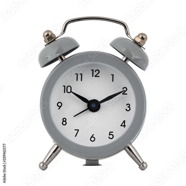 Fototapeta A gray clock with an alarm clock on a white background with arrows showing the time ten hours ten minutes or twenty two hours ten minutes