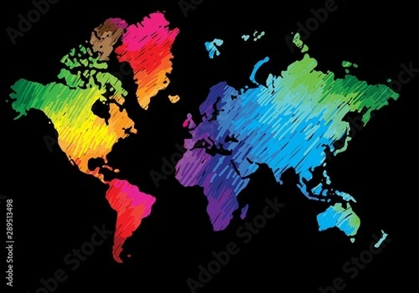 Fototapeta World map. Continents and countries. Flat map of the earth. Peace, love, music and art. Pacifism. Multicolored drawing markers. Bright colours.