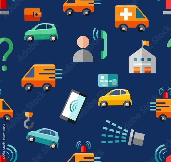 Fototapeta Emergency services, seamless pattern, color, blue, vector. Emergency medical and fire assistance, reference services. Colored icons on a blue field.  