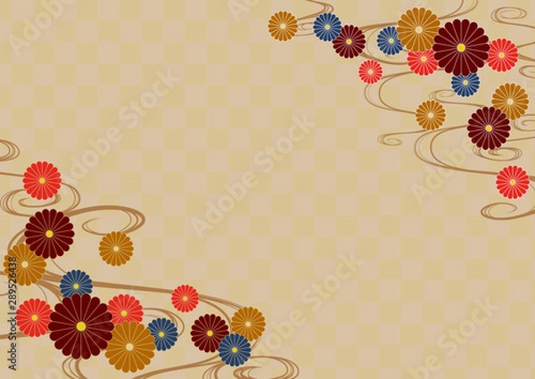 Obraz 和柄背景　流水紋と菊と市松模様　カラフル