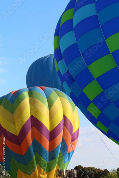 Fototapeta Ballons Festival - Balloon Festival, exhibition of hot-air balloons in the city park. Hot air balloons in preparation for the flight and in the background hot air balloon hovering in flight
