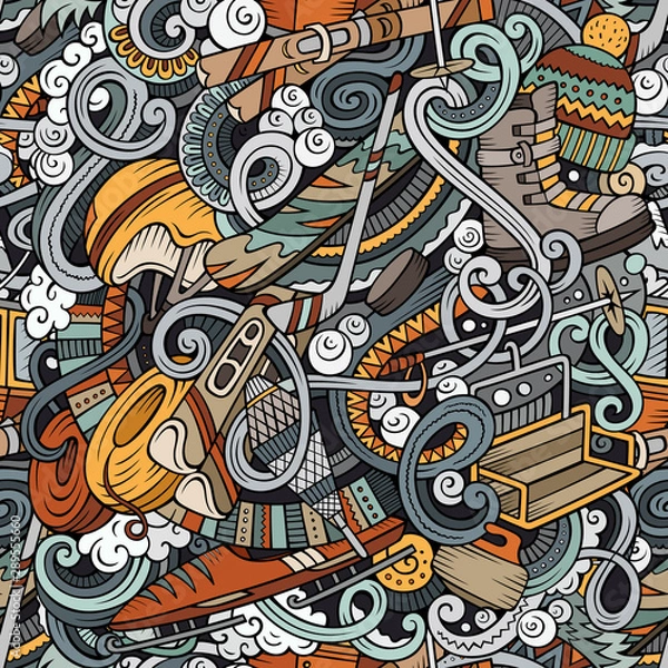 Fototapeta Winter sports hand drawn doodles seamless pattern. Ski resort background.