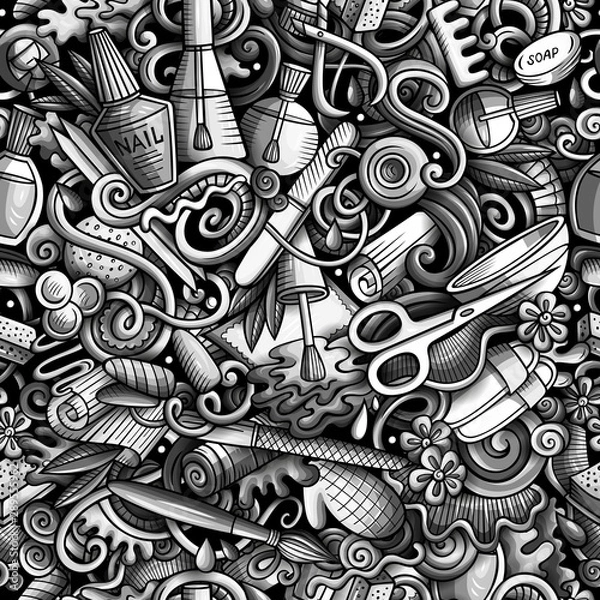 Fototapeta Manicure hand drawn doodles seamless pattern. Nails art background