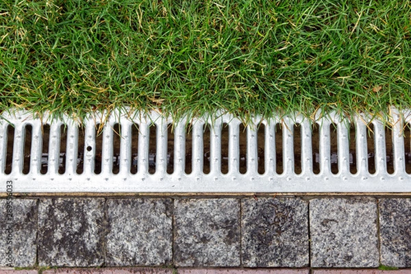 Obraz iron grate of a storm drainage system on the side of a footpath made of pavers near a green lawn top view.