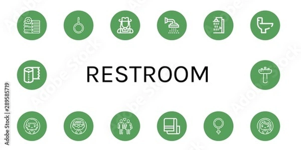 Fototapeta Set of restroom icons such as Towels, Neutral, Cowgirl, Shower, Wc, Woman, Heterosexual, Towel, Female, Paper towel, Washbasin , restroom