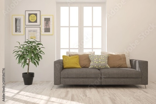 Fototapeta Mock up of stylish room in white color with sofa. Scandinavian interior design. 3D illustration