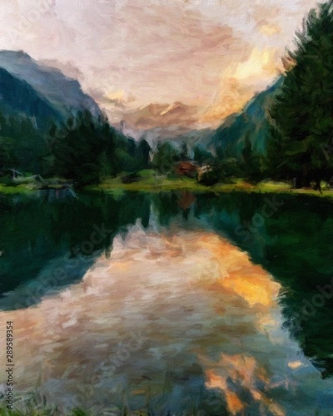 Fototapeta Digital mountains view oil painting with real brush strokes effect. Contemporary impressionism mixed style wall art print. Power of nature scene. Vacation postcards and prints design. Beauty artwork.