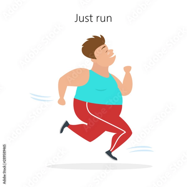 Fototapeta Cartoon man  runs on white background.