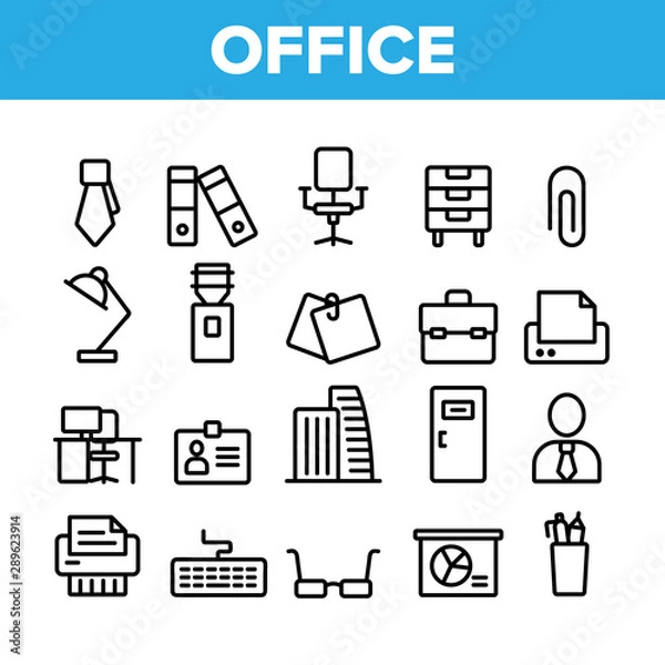 Fototapeta Office Job Collection Elements Vector Icons Set Thin Line. Office Chair And Lamp, File Folder And Paper Clip, Building And Manager Concept Linear Pictograms. Monochrome Contour Illustrations