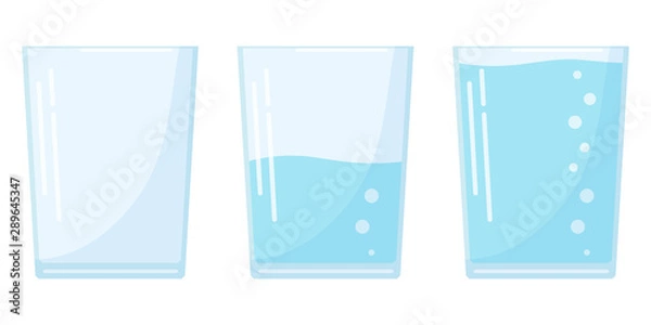 Obraz Flat design three water glass icon set in cartoon style isolated on white background, full, half and empty soda glass.