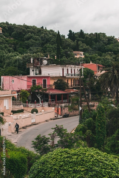 Fototapeta Vocation in Greece, Corfu town. Summer sightseeing Corfu buildings and town 
