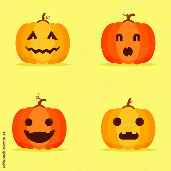 Fototapeta Halloween pumpkins with different faces. Jack-o-lantern. Funny vector flat icons collection. Stickers design.Set flat design illustration of pumpkins with carved face. Usable on Halloween card, vector
