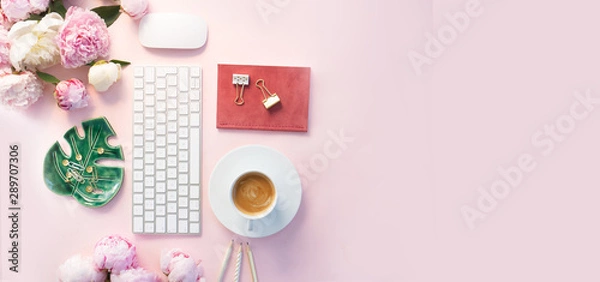 Fototapeta Top view home office workspace