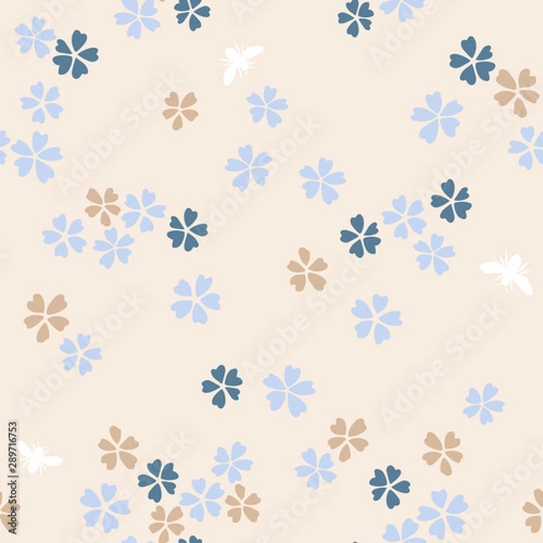 Fototapeta Vector botanical seamless pattern. Blooming small sakura flowers and bees. Simple plain daisies floral  background. Good for textile, fabric, fashion design and wallpaper,