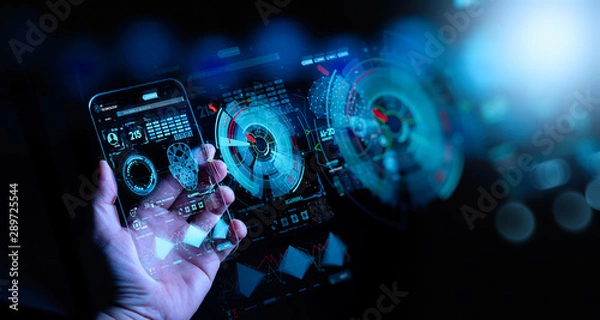 Fototapeta Hand touching Telecommunication network and wireless mobile internet technology  with 5G LTE data connection of global business, fintech, blockchain.