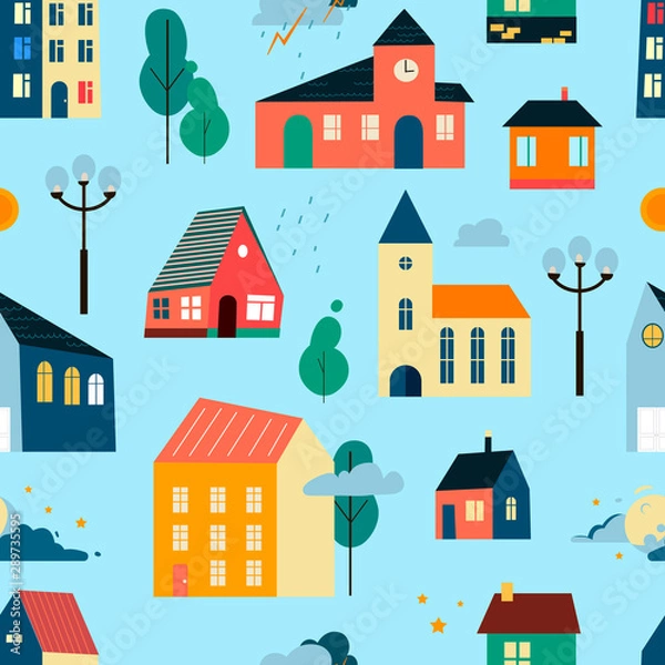 Fototapeta Vector patten with small tiny houses, trees and clouds.