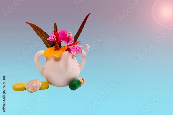 Obraz Phytotherapy pills from natural herbs and flowers.  The concept of herbal medicine and dietary supplements, and vitamins. isolated on blue background , toned