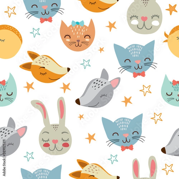 Fototapeta vector illustration. cute animals. cats, foxes, wolves, birds and rabbits. pattern with animals. 