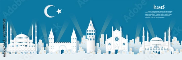 Fototapeta night city of istanbul with panoramic views , origami style paper for travel postcards, Vector illustration.