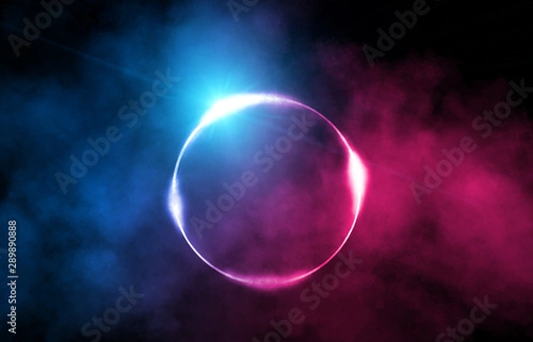 Fototapeta Background of an empty dark scene. Circle in smoke on a dark background, neon glow
