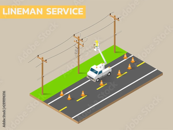 Fototapeta Linemen repairing electricity distribution lines that supply power to homes. Use aerial device and rubber gloves when working.