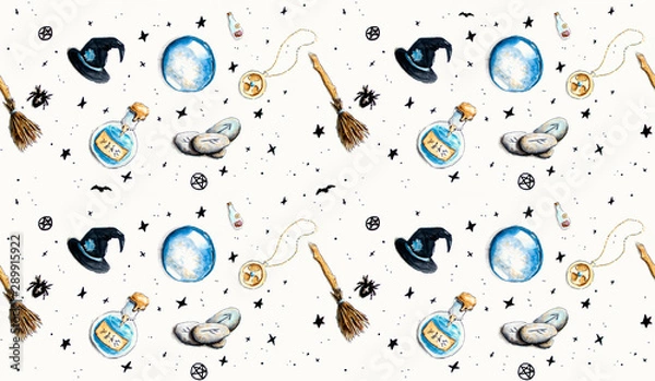 Fototapeta Hand drawn halloween background with witch accessories