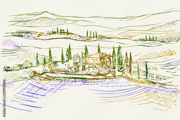 Obraz Rysunek ręcznie rysowany. Toskański pejzaż z okolic Sieny we Włoszech w Europie