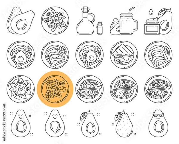 Obraz Avocado line icons set. Includes such Icons as Whole and cut Avocado, Salad, Sandwich, Toast, Oil, Guacamole, Cream.
